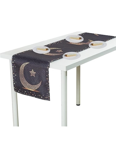 Coolchic Ramadan Table Runner, Eid Mubarak Dinner Supplies, Black Gold Star Moon Kitchen Decoration Party Favors, Home Dining Tabletop Mats(33 x133cm) (Black)