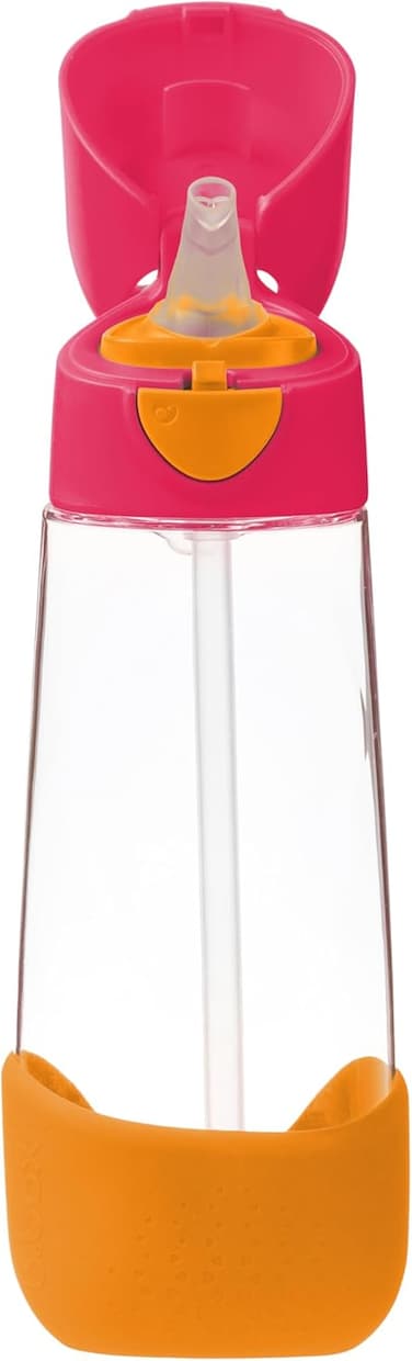 b.box Tritan Triangle Drink Bottle With Easy Push Button, Open Or Close Lid, Water Bottle With Removal Silicone Straw Perfect For School Kids (Strawberry Shake)