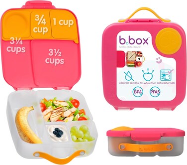 b.box Lunchbox, Jumbo Bento Box With 4 Compartments (2 Leakproof), Removable Divider, Gel Cold Pack, Ideal For School, From 3+, 1L Capacity - Strawberry Shake