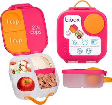 علبة غداء صغيرة من b.box، علبة بينتو بثلاثة أقسام (اثنان منها مانعان للتسرب)، مثالية للأطفال الصغار، وجبات الغداء والوجبات الخفيفة، تتسع لقطعة فاكهة كاملة، خالية من مادة BPA