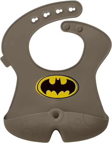 b.box Batman Silicone Bib, Stay Open Catcher, Rolls For Easy On The Go Use, Non-Stick Silicone, Adjustable, Tapered Fit, Dishwasher Safe, From 4M+