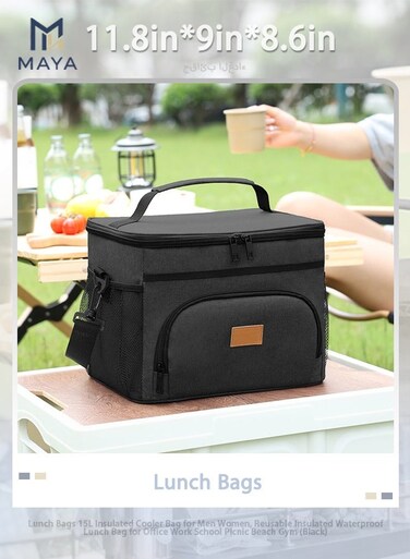 Lunch Bags 15L Insulated Cooler Bag for Men Women, Reusable Insulated Waterproof Lunch Bag for Office Work School Picnic Beach Gym (Black)