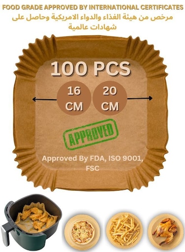 Air Fryer Baking Paper Approved by (ISO 9001, FDA, FSC) Disposable Non Stick unbleached oil proof paper liner for cooking, baking, Roasting and Microwave (100 PCS Square 16-20 CM)