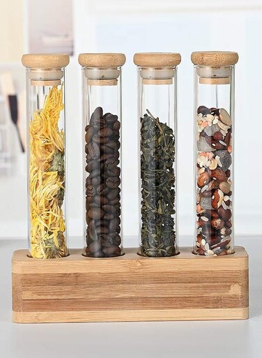 Set of 4 -100ML Borosilicate Glass Storage Tubes With Bamboo lid and Wooden Base