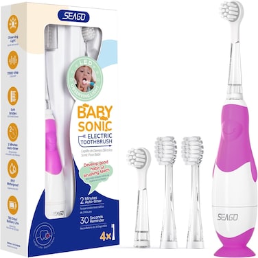 SEAGO Toddler Electric Toothbrushes for Baby Ages 0-3 Years, Baby Toothbrush with Smart Timer and Suction Base, 4 Replacement Brush Heads SG-513(Pink-C) (purple)