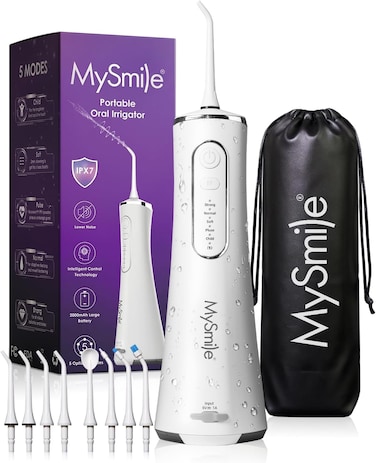 MySmile LP211 Cordless Advanced Water Flosser for Teeth 5 Cleaning Modes Rechargeable Power Dental Flosser 8 Replacement Jet Tips IPX 7 Waterproof Dental Irrigador with Travel Storage Pouch