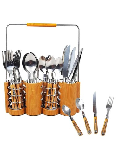 24 Pcs Stainless Steel Fork Tea Spoon Cutlery Tableware Set Upgraded Flatware Tableware Set With ABS Plastic Handle, Knife 6 Spoon Small 6 Spoon Medium 6 Fork Spoon 6