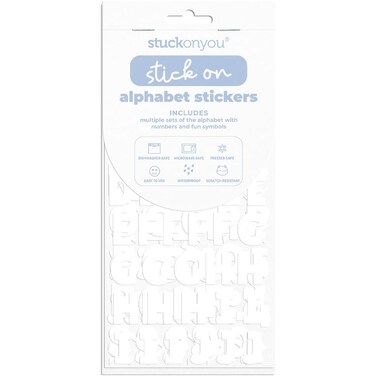 Stuck on You Novelry Alphabet Stickers, includes multiple Sets of Alphabets, Diswasher, Microwave, Freezer safe, scratch resistant.  White