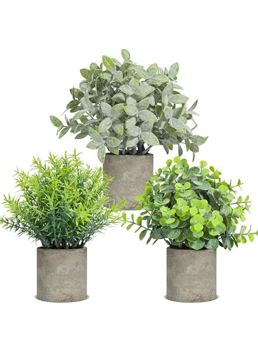 Joyzzz Artificial Plants, 3 Pcs Plastic Fake Green Plants in Pot, Potted Faux Topiaries Shrubs, Eucalyptus for Home Office Desk Bathroom Farmhouse Decoration Indoor Tabletop Centerpiece Gift