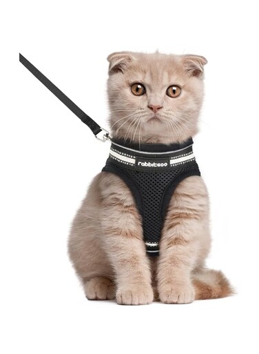 rabbitgoo Cat Harness and Leash Set for Walking Escape Proof, Adjustable Soft Kittens Vest with Reflective Strip for Extra Small Cats, Comfortable Choke-Proof Outdoor Vest Harness,Black, Large