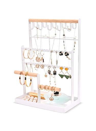 Lolalet Jewelry Stand, 6 Tier Jewelry Rack Necklace Holder Organizer with 15 Hooks and Bottom Tray, Jewelry Tower Display Storage Tree for Bracelets Earrings Rings - White