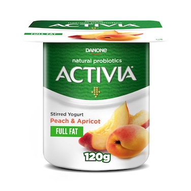 أكتيفيا زبادي مخفوق كامل الدسم بنكهة الخوخ والمشمش مع البروبيوتيك، 120 غرام