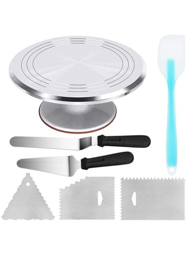 Aluminium Alloy Revolving Cake Stand 12 Inch Cake Turntable with Angled Frosting Spatula Comb Icing Smoother Silicon Spatula and Cake Server Cutter Baking Cake Decorating Supplies