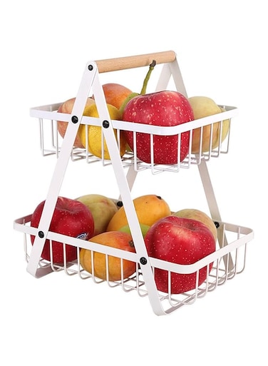 Tycom Fruit Basket for Kitchen Countertop,2-Tier Portable Metal Wire Storage Rack with Wooden Handle,Detachable Rectangle Basket for Kitchen Organizer Storage Bread, Snacks, Fruits, 2 Layer White.