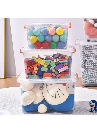 GoldenLike Clear Plastic Storage Box with Wheels &amp; Lockable Lid, 3 Pack Stackable Large Plastic Storage Bins，Storing Clothes，Toys, Tools, Medicine, Office Supplies, Documents (Transparent+Orange, 15L)