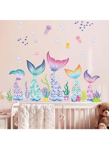 Amimagen Baby Girls Mermaid Tail Wall Stickers - Under The Sea Marine Theme Wall Decals - Nursery Kids Room Daycare Bedroom Bathroom Wall Decor