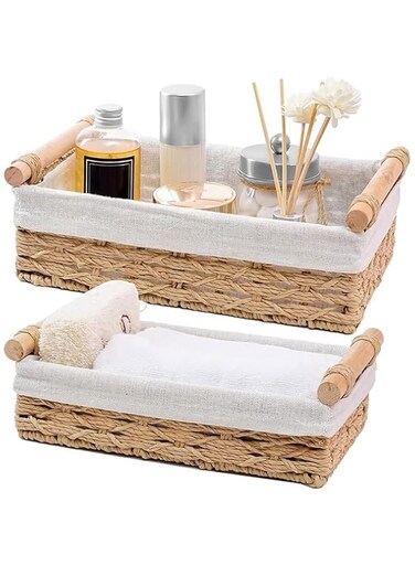 THMINS 2-Pack Rectangle Woven,Home Storage Baskets,with Washable Liner,Paper Rope Storage Baskets,Straw Rattan Basket,for Organizing with Handle, Cosmetic Storage Box