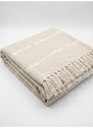 130 x 160 cm Premium Cotton Throw Blanket in Beige with Tassels for Sofa, Bed Runner, Couch Cover, and Boho Decorative Home Picnic Mat