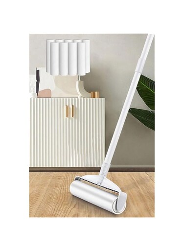 GoldenLike Large Surface Lint Roller with Extendable Long Handle Dust-Proof Cover，Pet Hair Remover with 9 Roll Refills, Extra Sticky,for Cleaning Furniture Carpet Floor Curtains and Pet Hair (White)
