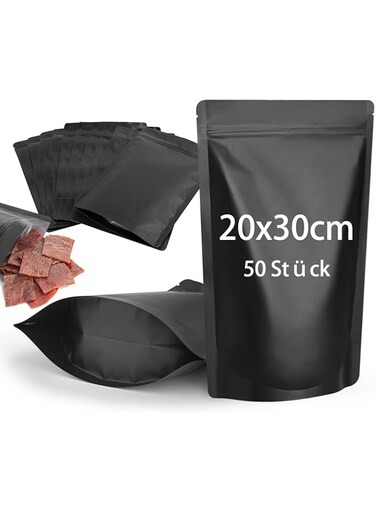 CANLENPK Pack of 50 Resealable Mylar Bags, Stand Base Bags, Zip Foil Bag, Food Storage, Matte Aluminium Foil Heat Sealable Myla Bag (Black, 20 x 30 cm)