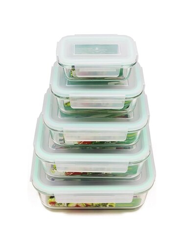 Home Smart Glass Container Set of 5 PCs Food Container With Airtight Lid to Safely Store Food Outdoor and Indoor Dining Activity (5PC Rectangular Set)