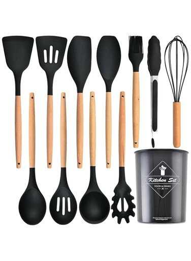 Keidason Kitchen Utensils Set,Kitchen Cooking Utensils Set,Stirring,Spoon,Spatula,Made of Heat Resistant Food Grade Silicone and Wooden Handles,Kitchen Gadgets &amp;Tools Set (Black Kitchen Utensils)