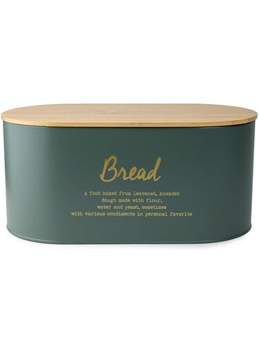 Cuisine Art EARL Bread Box with Bamboo Lid Premium Bread Storage Container - Classic Bread Bin - Elegant Bread Organizer - Airtight Bread Preservation - Large Bread Tin - 34x18x15cm Dash Green