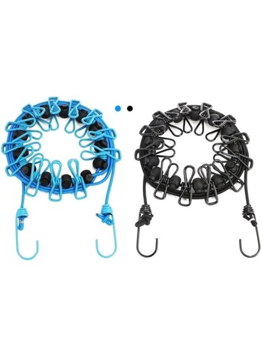 Tazweeq 2 Pack Portable Clothesline with 12 Clothespins, Retractable Travel Clothesline for Backyard, Vacation Hotel, Balcony Drying (Blue + Black)