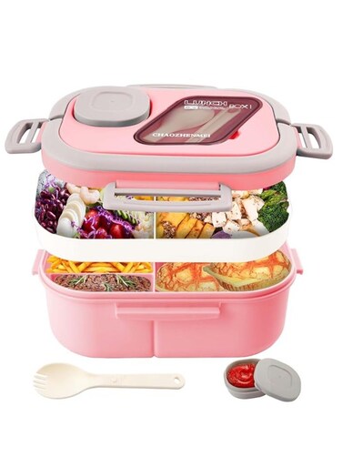 Adults Bento Lunch Box,Salad Container Large 43oz Salad Bowl, Bento-Style Tray for Toppings, 3oz Sauce Container for Dressings, and Built-In Reusable Fork (Pink)