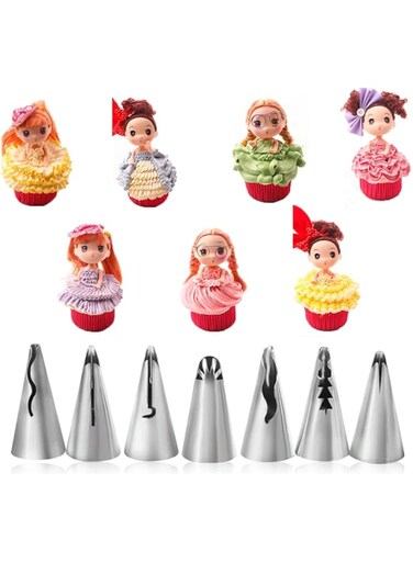 Lbaixjj Ruffle Piping Tips Set - 7 Pcs Pleated Skirt Piping Tips for Wedding Dress Cookies and Cakes, Bridal Shower Baking Decoration Kit