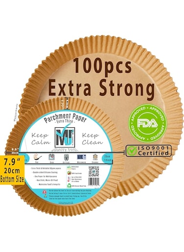 ((Extra Strong)) 100Pcs Air Fryer Liners, Rounded Disposable Paper Liner Mr.Jawdat's&trade;, Microwave Parchment Paper, Baking Paper for Air Fryer Water-proof ((Bottom size 20cm/7.9inch, Round))