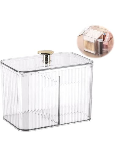 Azonee Clear Qtip Holder Dispenser, Bathroom Organizer Jar with 3 Grids for Cotton Swabs, Pads, Balls, and Cosmetics Storage