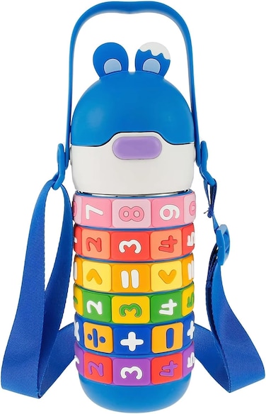 زجاجة مياه موبكوس لتعليم الرياضيات للأطفال - مصنوعة من الفولاذ المقاوم للصدأ، معزولة بالفراغ، مقاومة للتسرب مع ماصة وحزام، خالية من مادة BPA وقابلة للحمل، سعة 430 مل (أزرق)