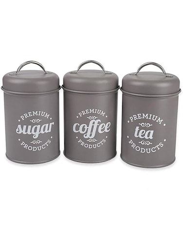 NC 3 PCS Airtight Kitchen Canister Decorations with Lids, Grey Metal Rustic Farmhouse Country Decor Containers for Sugar Coffee Tea Storage