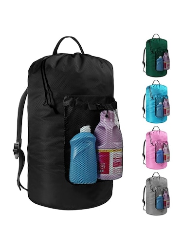 SWIUKPHE Laundry Bag with Shoulder Straps and Mesh Pocket Laundry Backpack Large Portable Laundry Hamper for College Laundromat Apartment, Black