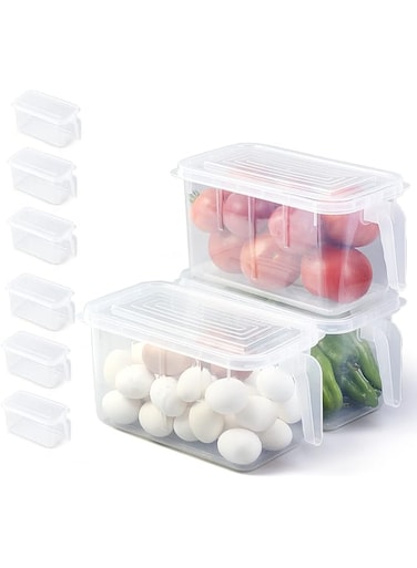 SKY-TOUCH 6pcs Refrigerator Organizer, Stackable Plastic Kitchen Food Storage Containers with Lids and Handle for Fruits and Vegetables, Freezer Safe Food Storage Boxes, Transparent