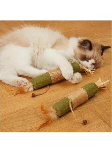 mergeko Cat Grass Stick Cage Balls, Silvervine Cat Toy Matatabi Cat Treat, Safe Teeth Cleaning Edible Kitty Toys, Catnip Chew Toy for All Breeds (2PCS Sticks)