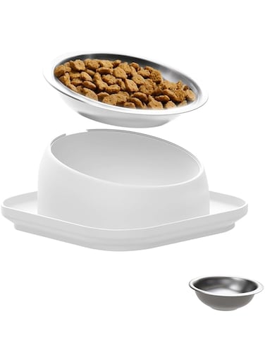 Aputue Tilted Cat Food Bowl, Elevated Plastic Feeder Base with Stainless Steel Food Dish, Raised Cat Bowl with Slanted Flat Angled Design, Elevated Cat Bowls and Dog Bowls for Water and Food