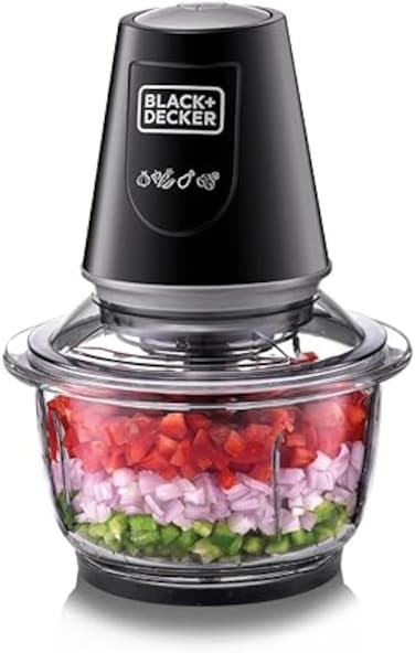 BLCK+DECKER Multi-Function Glass Chopper &amp; Mincer, 400W, XXL 1.2L Bowl, 4-Blade System, Pulse Speed for Precision, Ice Crushing, Compact Sleek Black Design, Easy to Clean, Black - GC400-B5