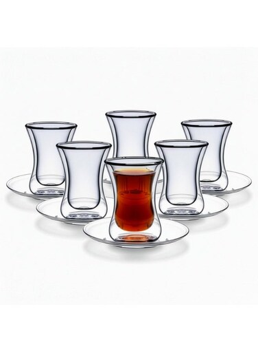 TS860 Double Wall Glass Estikana Tea Set 12pcs 100ml with Saucers Borosilicate Heat Resistant Cups