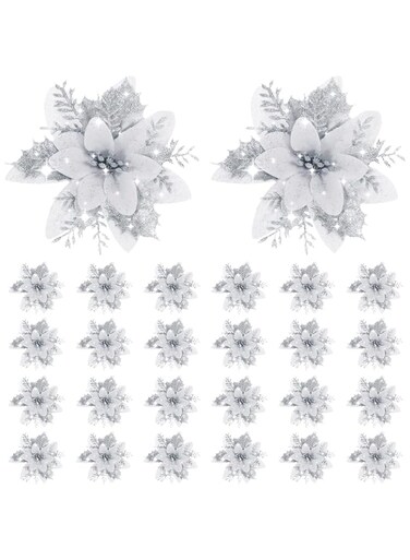 Chunyin 24 Pieces Christmas Glitter Poinsettia Flowers 5.5 Inch Artificial Christmas Flowers Xmas Artificial Glitter Flowers for Christmas Tree Ornament Party Decorations Wreath Garlands (Silver)