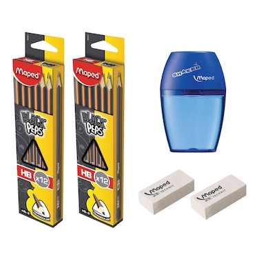 Maped Black'Peps HB Pencils 24 PCS and Mini Technic Eraser 2 PCS with Shaker Sharpener