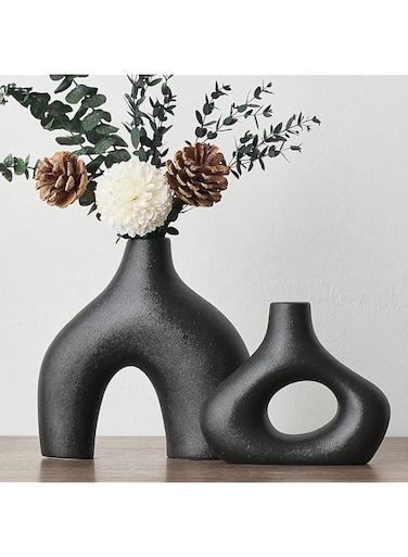 Buy Black Ceramic Vase Set of 2 for Modern Home Decor, Round Boho Donut ...