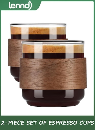 Espresso Cups Set of 2 with Wooden Ring, 142ML High Borosilicate Espresso Shot Glass, Clear Small Expresso Shots Cup, Espresso Accessories