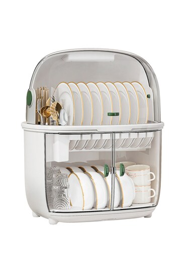 Dish Drying Rack Dust-proof Kitchen Plastic Dish Rack Tableware Storage Box Drain Dishware Lid Double-layer Partition Cupboard Double-layer Tableware Storage Rack