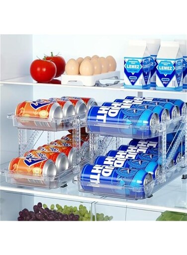 Soda Can Dispenser for Refrigerator, Set of 2 Adjustable Width Soda Can Organizer 2-Layer Beverage Pop Can Holder Drink Organizer for Fridge, Pantry, Cabinet, Countertop, Clear (2 Pack)