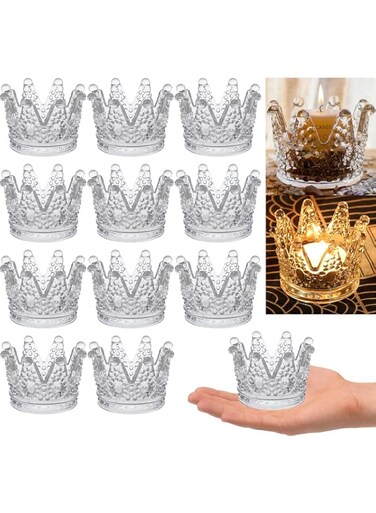 Crown Clear Tealight Candle Holder Set of 12,Clear Glass Crown Tealight Candle Holders for Wedding Party,Tea Light Candles Holder Bulk for Centerpiece Diwali Christmas Party(3x2in, Clear Crown)