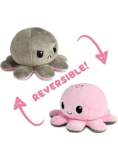 Grab Mantra Reversible Octopus Plushie Soft Toys, Double-Sided Flip Stuffed Animal Mood Plush Show Your Mood Without Saying a Word, A Gift for Kids and Decorations, Pink and grey (Love + Hate)