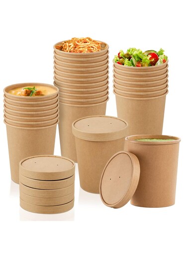 seven Bulk Case of 100 Sets - 32 oz. Paper Food Containers with Vented Lids for Hot Soup, Ice Cream, and More - Disposable Kraft Bowls