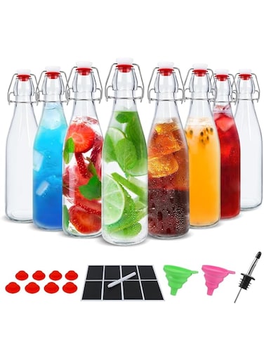 SKYLINK 8 Pack 16oz Glass Bottles with Flip-Top Lids &ndash; Reusable Airtight Beverage Bottles for Juice, Water, Sparkling Drinks &ndash; Includes Silicone Seals, Chalkboard Labels, Funnels &amp; Pour Spout